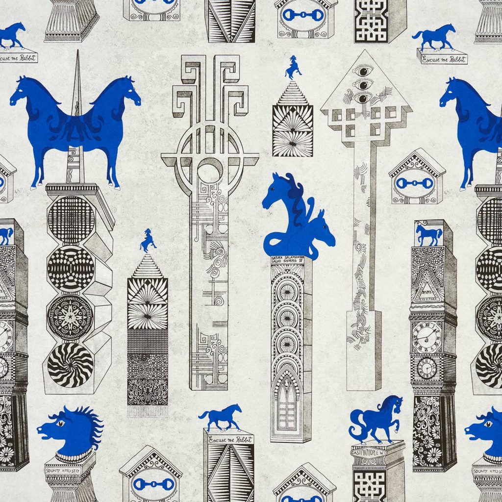 Mexican, surrealist, art, architectural, dreamscape, columns, pedestals, totems, horses, blue, pedro friedeberg, pattern, non-woven matt paper,illustration, deco, house, interior design