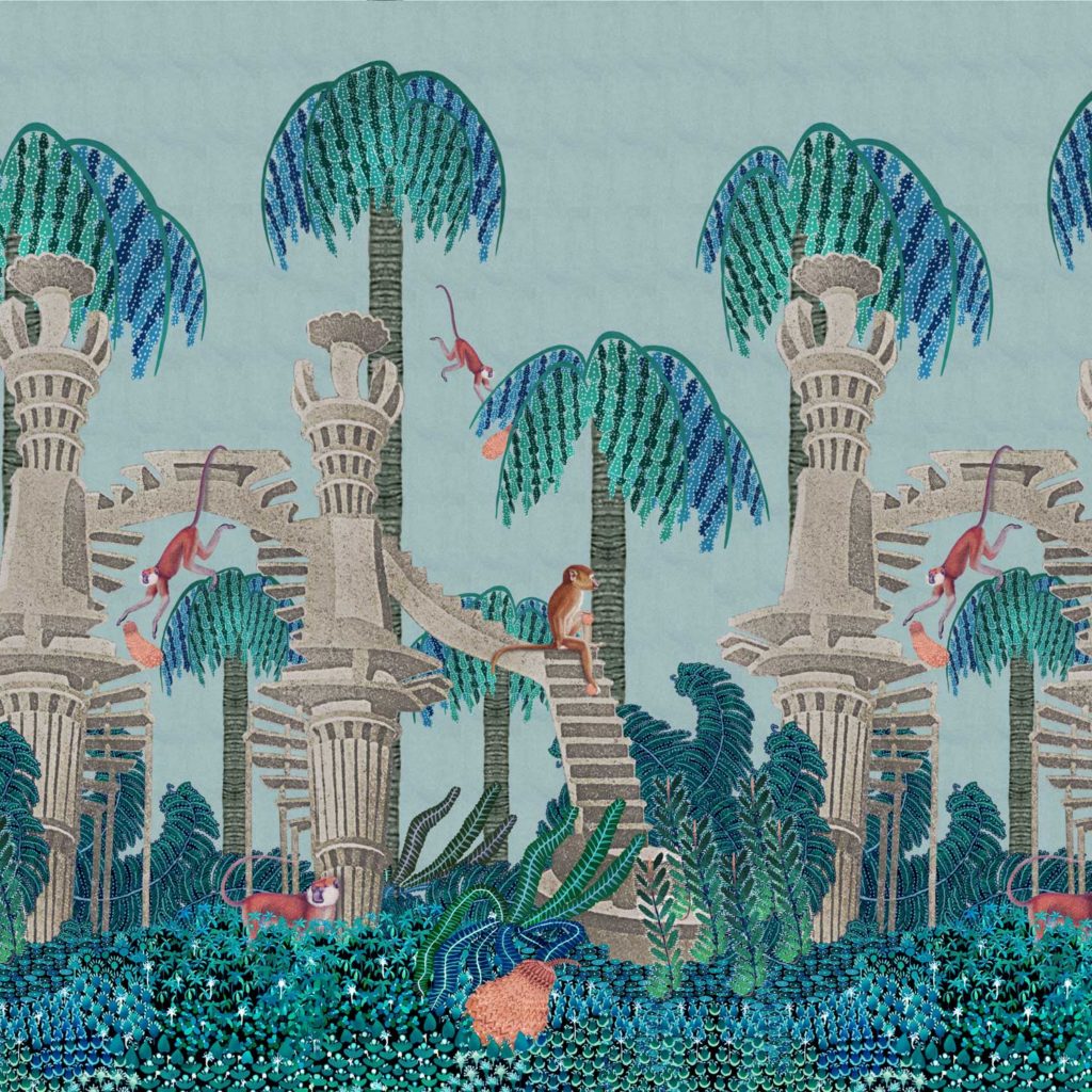 Forbidden, fruit, monckey, jungle, turquoise, cities, plants, wallpaper, panel, deco, house,subtropical forest,Mexican mountains, Las Pozas,lost city,surrealist, non-woven matt paper, interior design