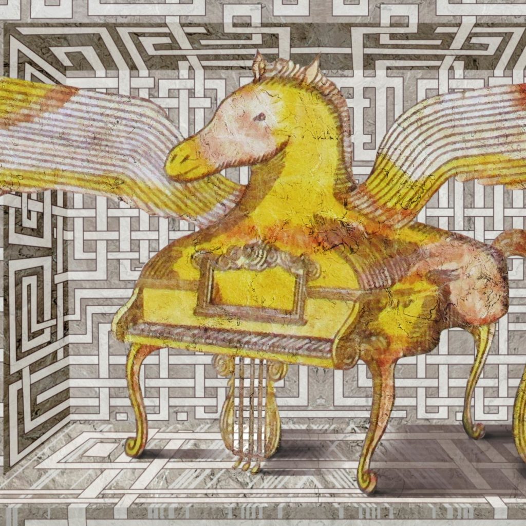 horse, pegasus, piano, geometry, wallpaper, fantasy, interior design, gold, illustration,geometric, pedro friedeberg, non-woven matt paper, deco, house, interior design,graphic