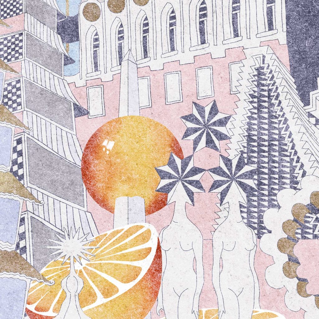 Mexican, surrealist, art, architectural, dreamscape, city, oranges, stars ,scenic, geometric, statue, flag, pink, pedro friedeberg, pattern, non-woven matt paper,temples, pagodas, domes, minarets, mausoleums, obelisks, illustration, deco, house,pastel-coloured, maze,giant oranges, interior design