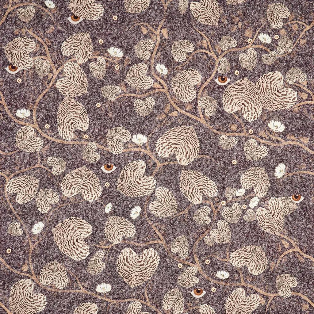 Tiger, leaves, branches, eyes, orange, grey, wallpaper, deco, house,surrealist, non-woven matt paper, interior design, pattern, motifs, forest