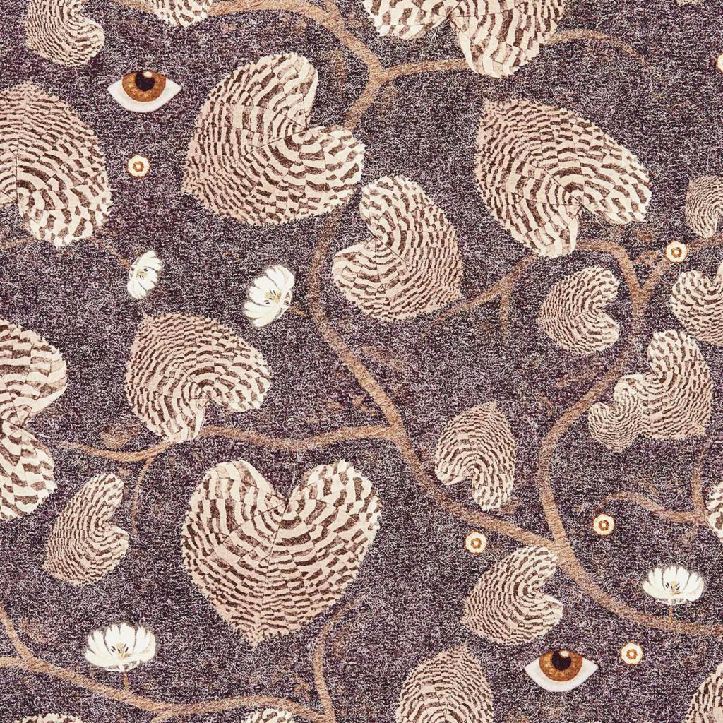 Tiger, leaves, branches, eyes, orange, grey, wallpaper, deco, house,surrealist, non-woven matt paper, interior design, pattern, motifs, forest