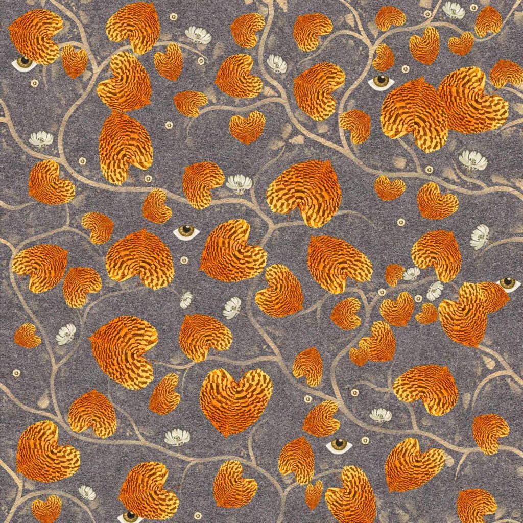 Tiger, leaves, branches, eyes, orange, grey, wallpaper, deco, house,surrealist, non-woven matt paper, interior design, pattern, motifs, forest