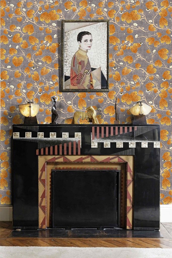 Tiger, leaves, branches, eyes, orange, grey, wallpaper, deco, house,surrealist, non-woven matt paper, interior design, pattern, motifs, forest