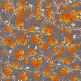 Tiger, leaves, branches, eyes, orange, grey, wallpaper, deco, house,surrealist, non-woven matt paper, interior design, pattern, motifs, forest