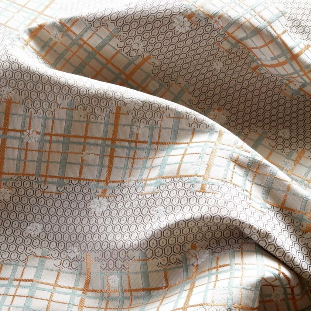 Japanese, samurai skirt, honeycomb, motif, tartan, snow flower, coloured grid, pattern, geometric, beige, cotton, linen, woven, textiles, house, deco, curtains, cushions , upholstery, interior design