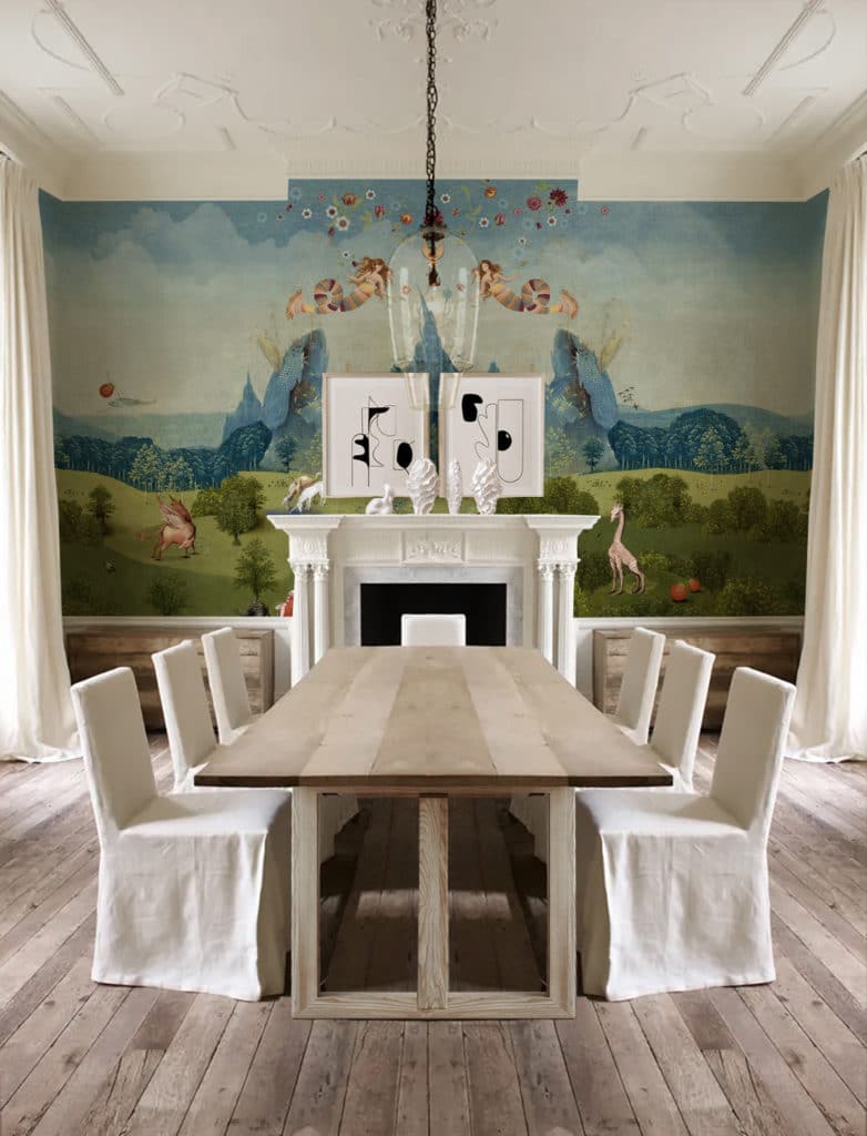 hieronymus, fantasy,wallpaper, teal, green, yellow, celadon, pink, coral, red, mulicolored, panel, grey, pattern, motifs, house, deco, mountain, cushions, curtains, upholstery, interior design, elephant, unicorn, mermaid, lyra, dragon, flying fish, strawberry, forest