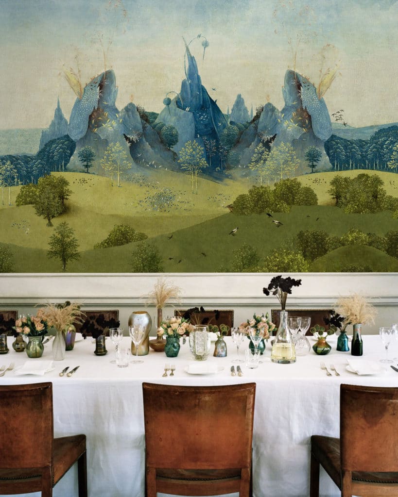 hieronymus, fantasy,wallpaper, teal, green, yellow, celadon, pink, coral, red, mulicolored, panel, grey, pattern, motifs, house, deco, mountain, cushions, curtains, upholstery, interior design, elephant, unicorn, mermaid, lyra, dragon, flying fish, strawberry, forest